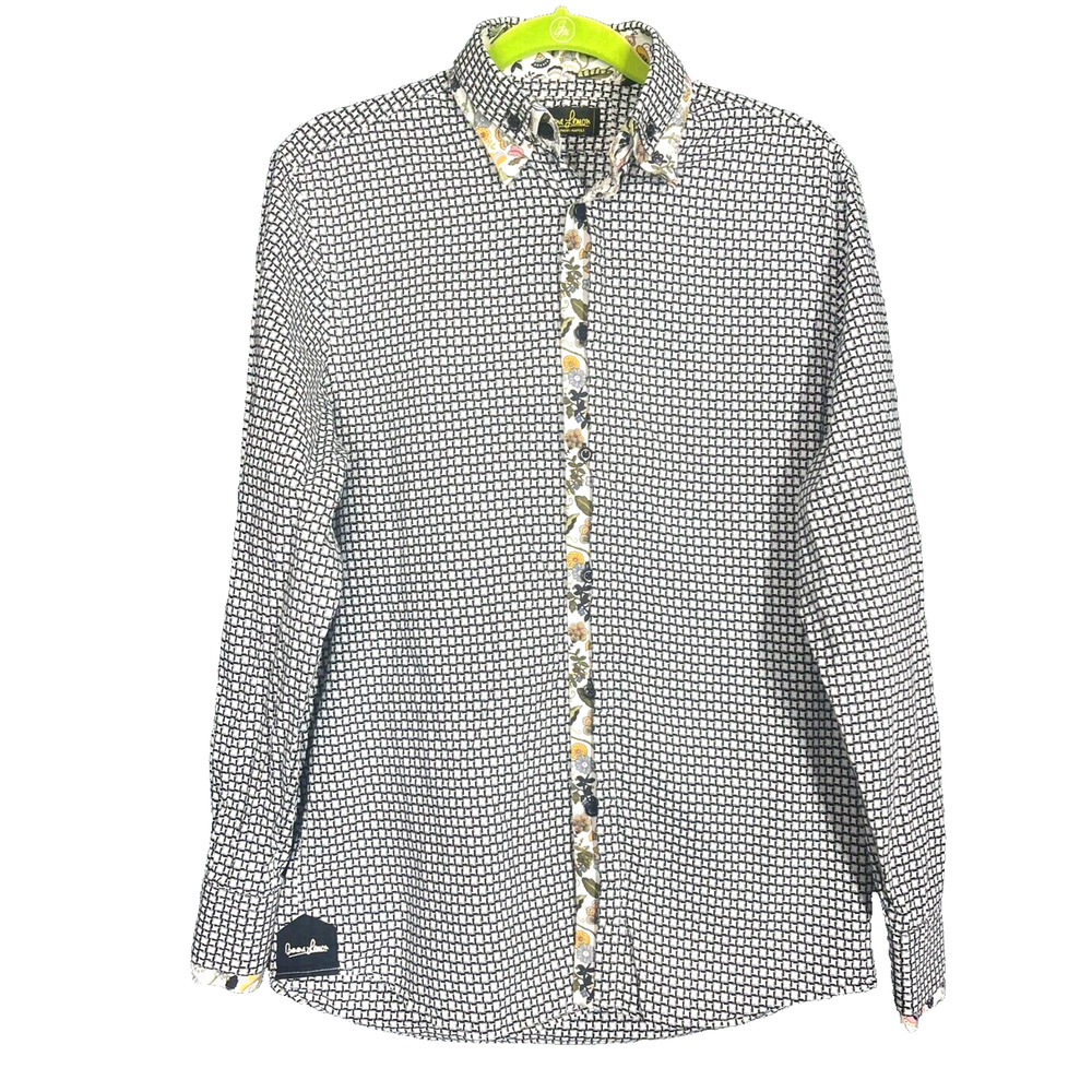 Banana Lemon Button Up Shirt Mens Gray and Black Geometric Floral Casual Preppy